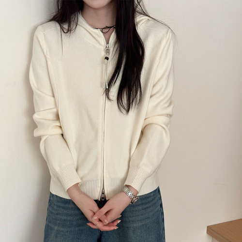 上衣秋季连帽针织衫女2026新款韩系开衫软糯宽松双拉链毛衣1002d