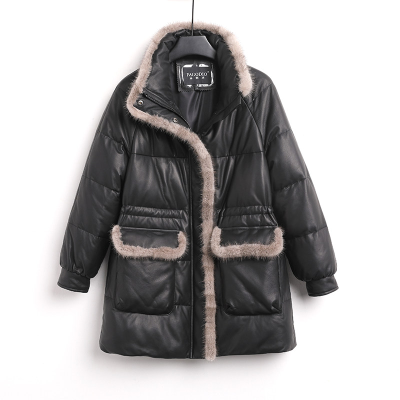绵羊皮水貂毛边真皮羽绒服