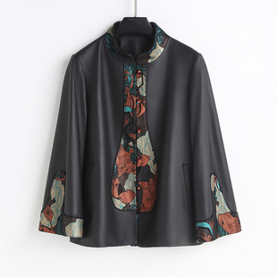 立领中式 法歌弟宽松显瘦夹克女2024春秋新款 国风妈妈绵羊皮外套