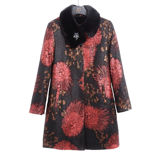 中老年印花皮草真皮皮衣女水貂毛领内胆妈妈装绵羊皮中长款羽绒服