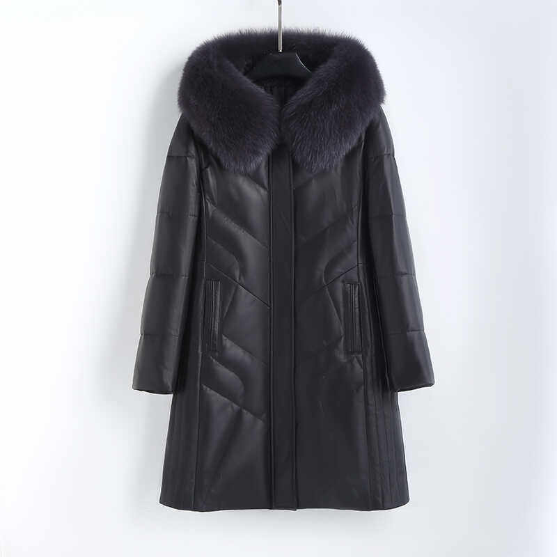 法歌弟妈妈装真皮狐狸毛帽檐女士中长款大码羽绒加厚修身显瘦外套
