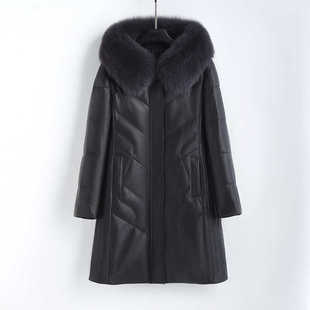 法歌弟妈妈装真皮狐狸毛帽檐女士中长款大码羽绒加厚修身显瘦外套