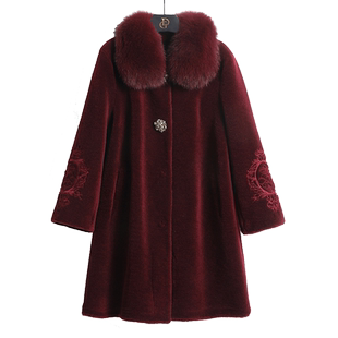 【特价】中老年女装羊剪绒大衣女中长款冬季狐狸毛领羊毛外套