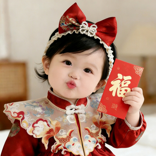 婴儿发带宝宝红色新年蝴蝶结发饰女童中国风皇冠头花过年喜庆头饰
