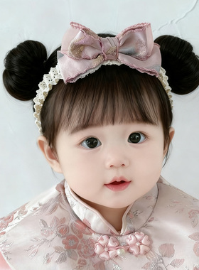 新中式婴儿蝴蝶结发带女宝宝百天周岁生日宴头饰汉服唐装拍照配饰