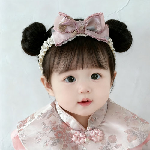 新中式婴儿蝴蝶结发带女宝宝百天周岁生日宴头饰汉服唐装拍照配饰