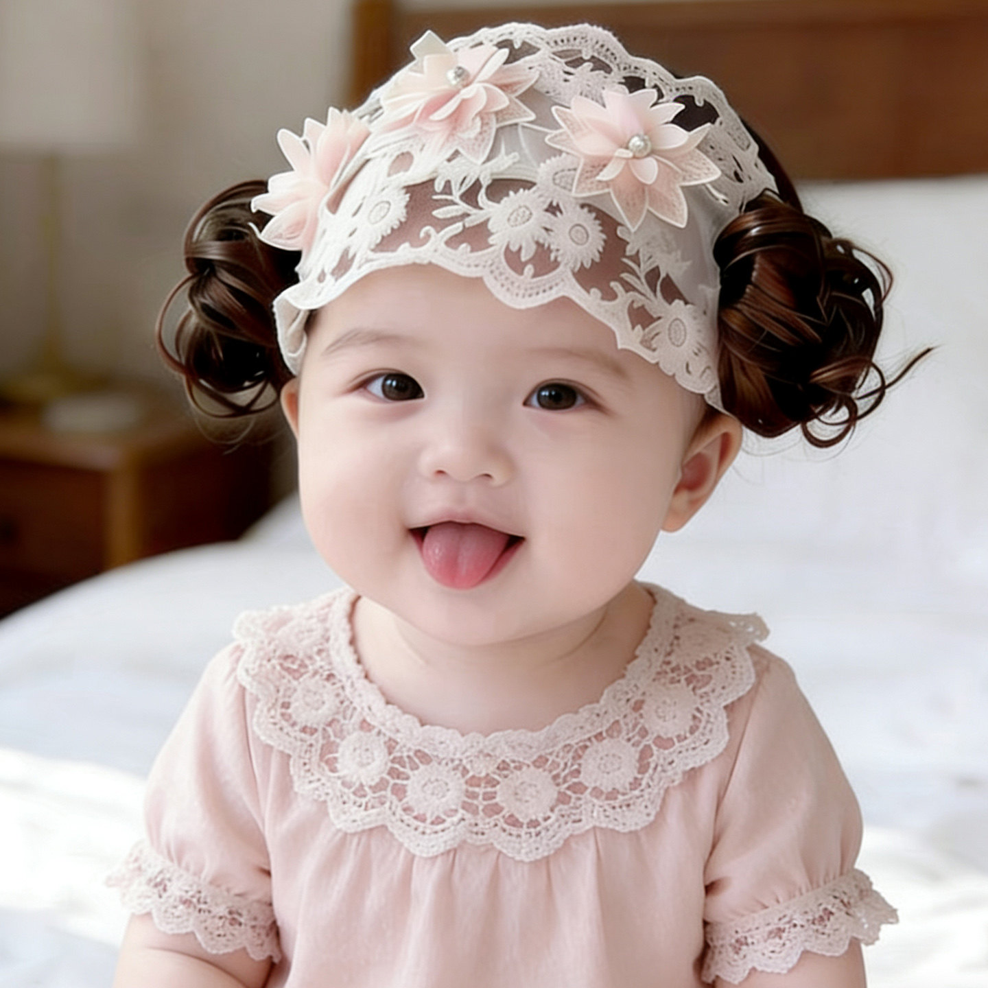 洋气婴儿帽子春夏薄款空顶假发帽女宝宝公主风蕾丝花朵护囟门发带图片