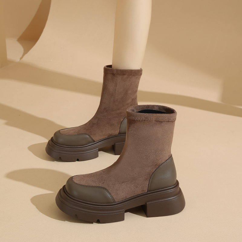 厚底弹力靴方头拼色百搭