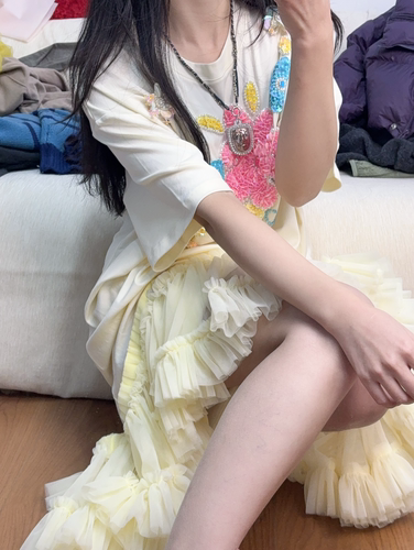 2026春夏新款重工珠片花朵拼接网纱长款连衣裙