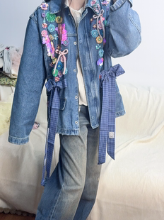 新品 蝴蝶结重工珠片花朵牛仔外套 春款