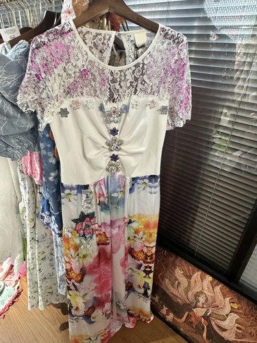 特价不退不换 意大利喷漆工艺拼接印花长款连衣裙