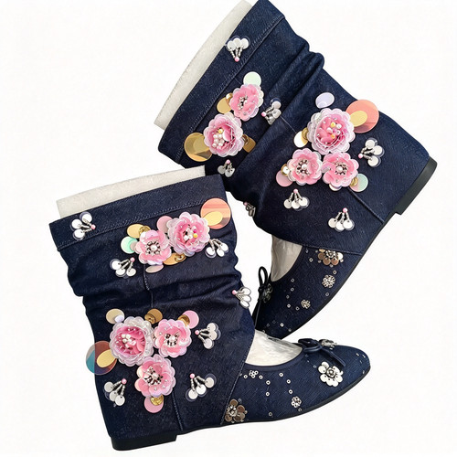 设计师款秋季新品重工设计花朵重工靴子