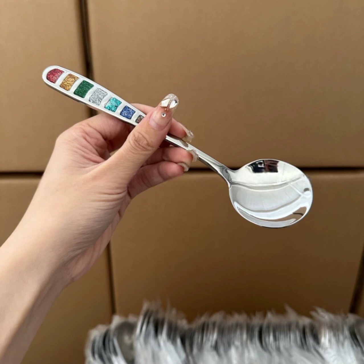 厨房七彩珐琅勺贵族西瓜高颜值不锈钢彩虹吃饭干饭勺儿童主餐勺