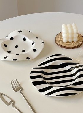 简约餐盘ins风黑白波浪早餐意面盘波点条纹不规则甜品盘拍照白色