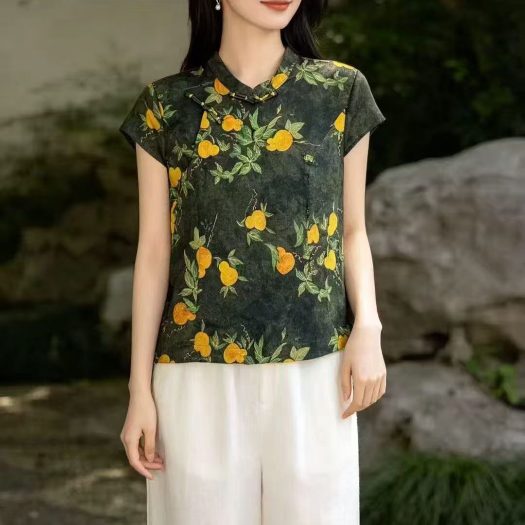 欧版2026夏季新款设计感提花气质立领国风花色短袖衬衫女上衣潮