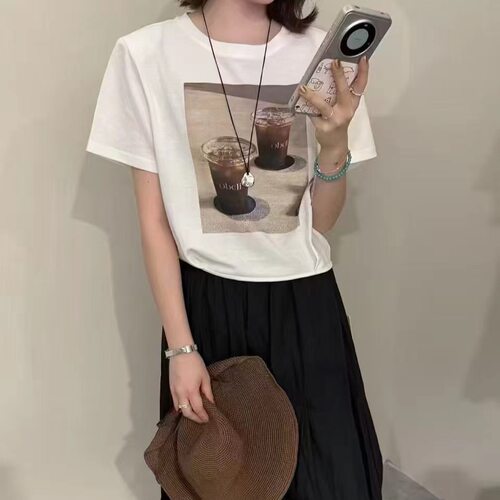 垫肩印花短袖T恤女2026夏季宽松圆领宽松休闲上衣简约印花体恤潮