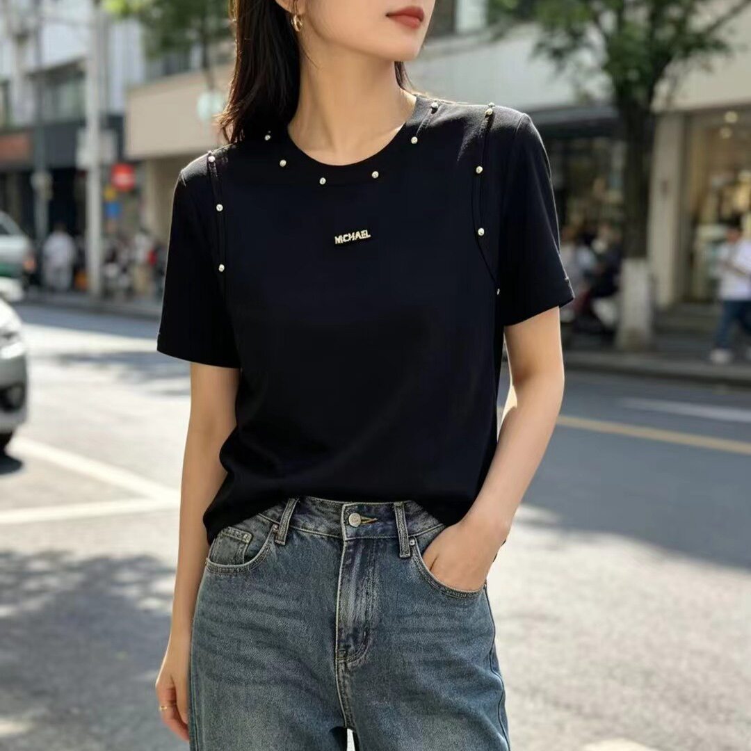 欧版轻奢风白色钉珠装饰上衣女2026夏季新款圆领修身显瘦百搭短袖