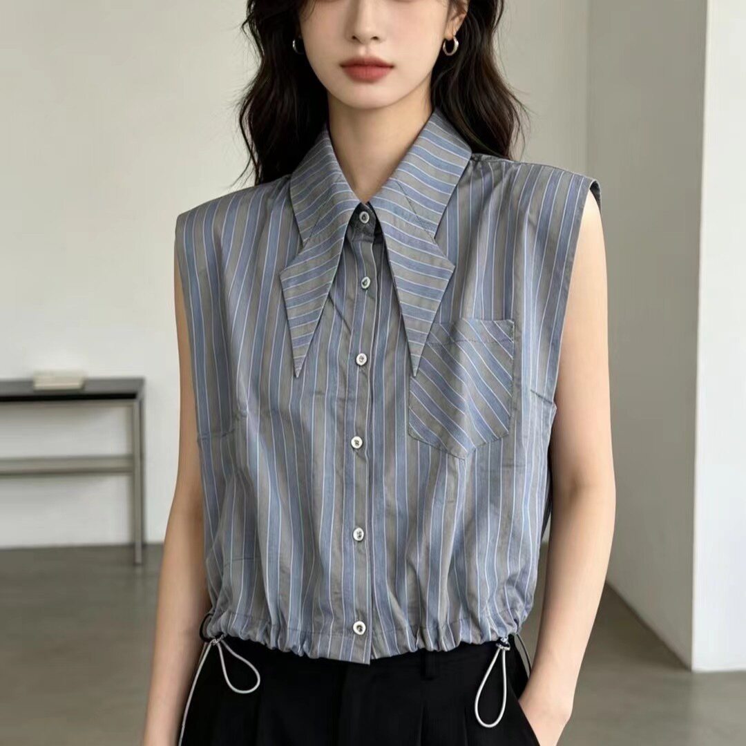 条纹抽绳衬衫短袖T恤女2026新款夏设计感减龄POLO衫短款无袖上衣