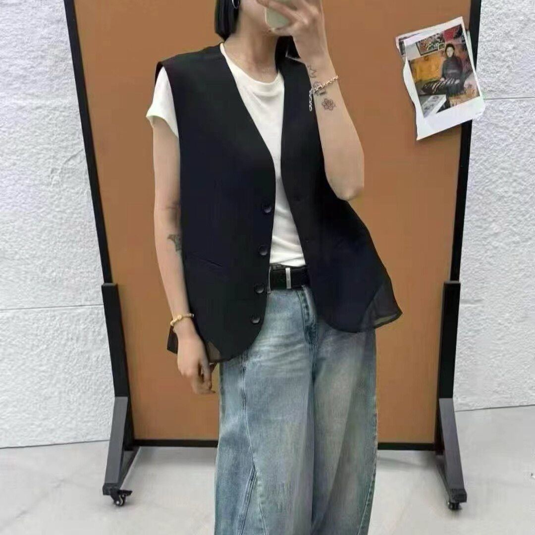 假两件网纱拼接西装马甲女欧洲站2026春夏新款欧货女装短款外套潮