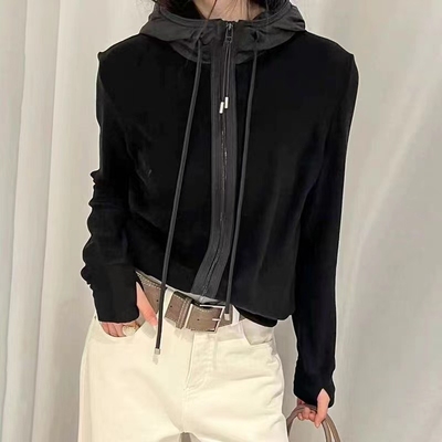 欧洲站2025秋冬新款欧货精致拼接修身连帽假两件德绒帽衫短外套女