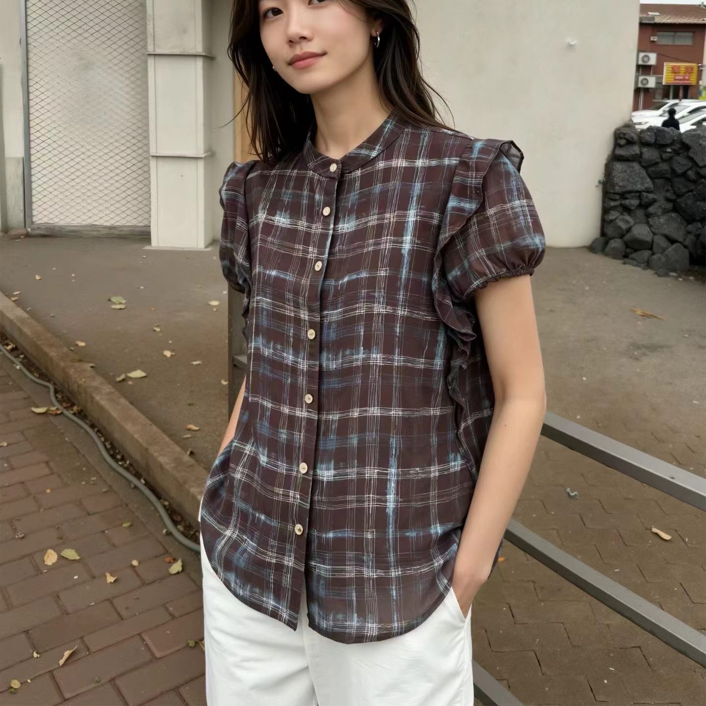 复古格纹衬衫女2026夏季新款短袖荷叶边圆领显瘦雪纺时尚百搭上衣