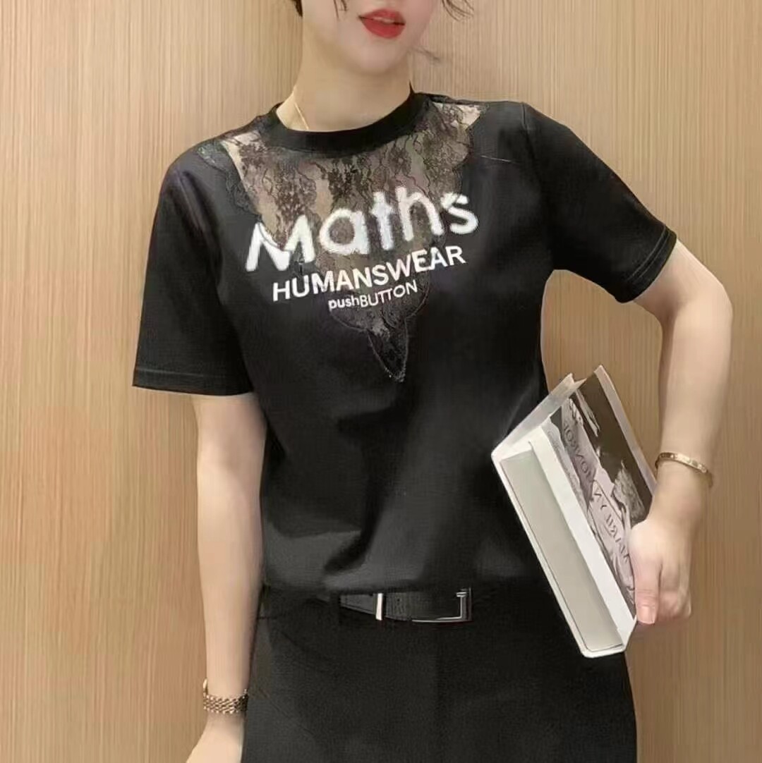 欧洲站2026夏季新款时尚圆领蕾丝拼接短袖T恤女宽松显瘦百搭上衣