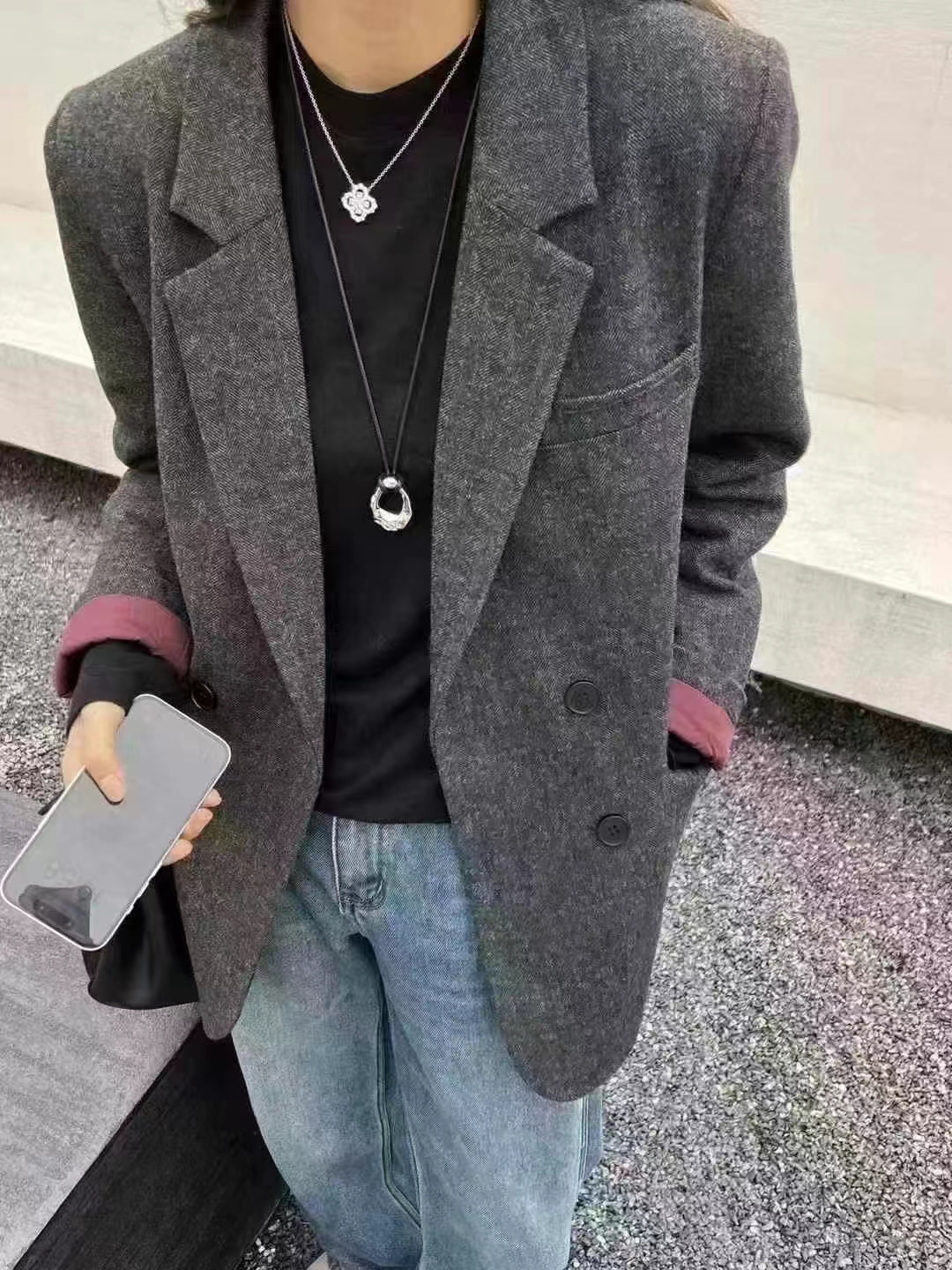 袖子翻折撞色双排扣西装外套白鸭绒保暖内胆冬季大衣2025新款女装