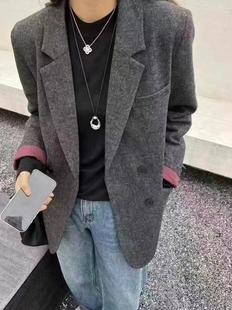 袖子翻折撞色双排扣西装外套羽绒内胆冬季毛呢大衣2026新款女装