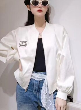 欧版春秋新款休闲百搭机车风时尚缎面面料设计感棒球服短外套女