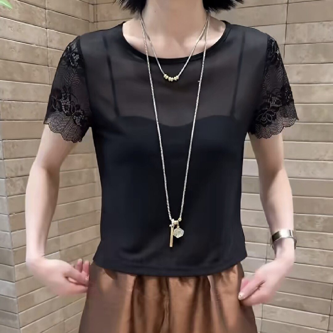 黑色网纱短袖T恤女2026夏季新款蕾丝拼接薄款修身打底百搭上衣潮