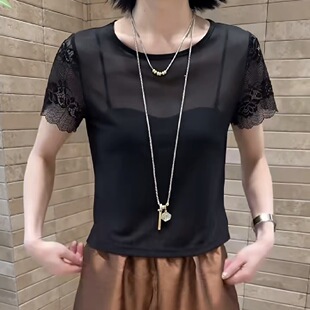 黑色网纱短袖T恤女2026夏季新款蕾丝拼接薄款修身打底百搭上衣潮