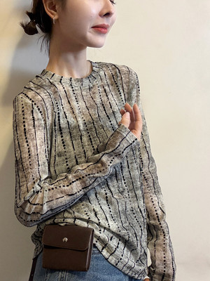 竖条纹长袖T恤女2026春秋季新款复古宽松休闲时尚内搭打底衫上衣