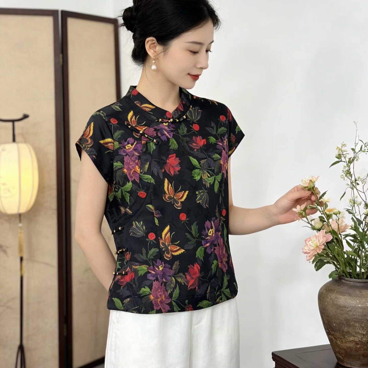 欧版2026夏季新款设计感提花气质立领国风花色短袖衬衫女上衣潮