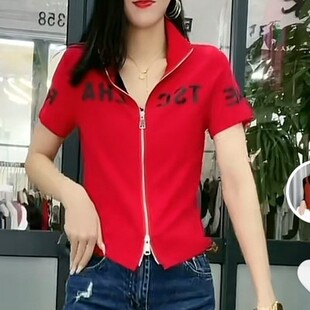 春夏季短袖短款字母双拉链立领T恤衫女修身显瘦百搭设计感上衣