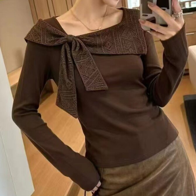 设计感一字肩蕾丝蝴蝶结棉T恤女2026秋季新款洋气百搭显瘦打底衫
