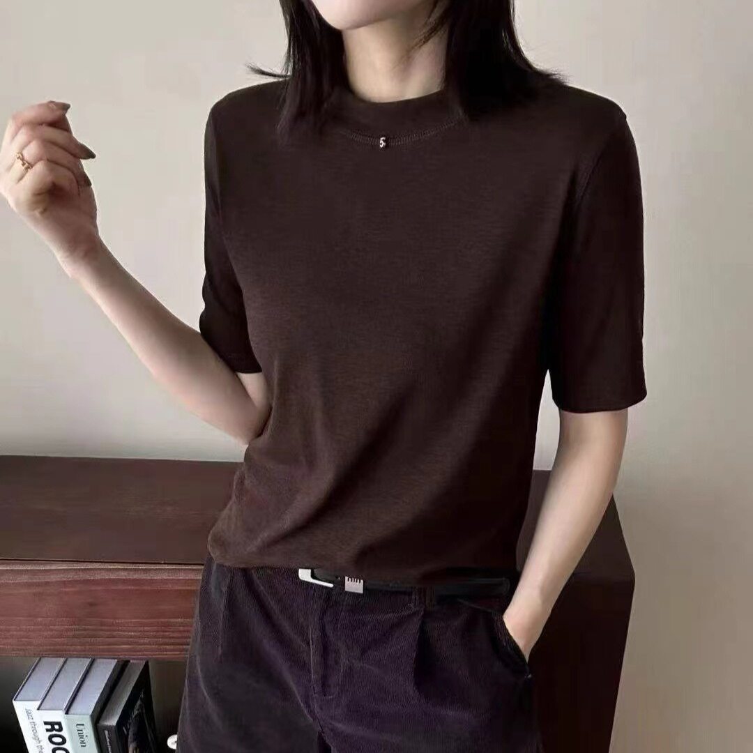 欧洲站2026年早秋新款时尚圆领中袖T恤女韩版纯色百搭显瘦上衣潮