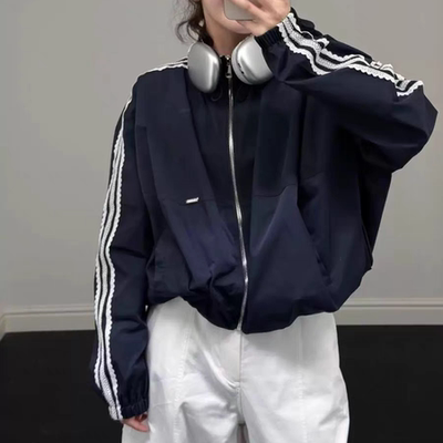 欧货春秋新款设计感时尚蕾丝花边拼接立领拉链夹克外套女装