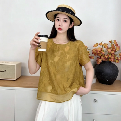 提花暮云纱拼接短袖衬衫女夏季2026新款显瘦百搭减龄小衫上衣潮