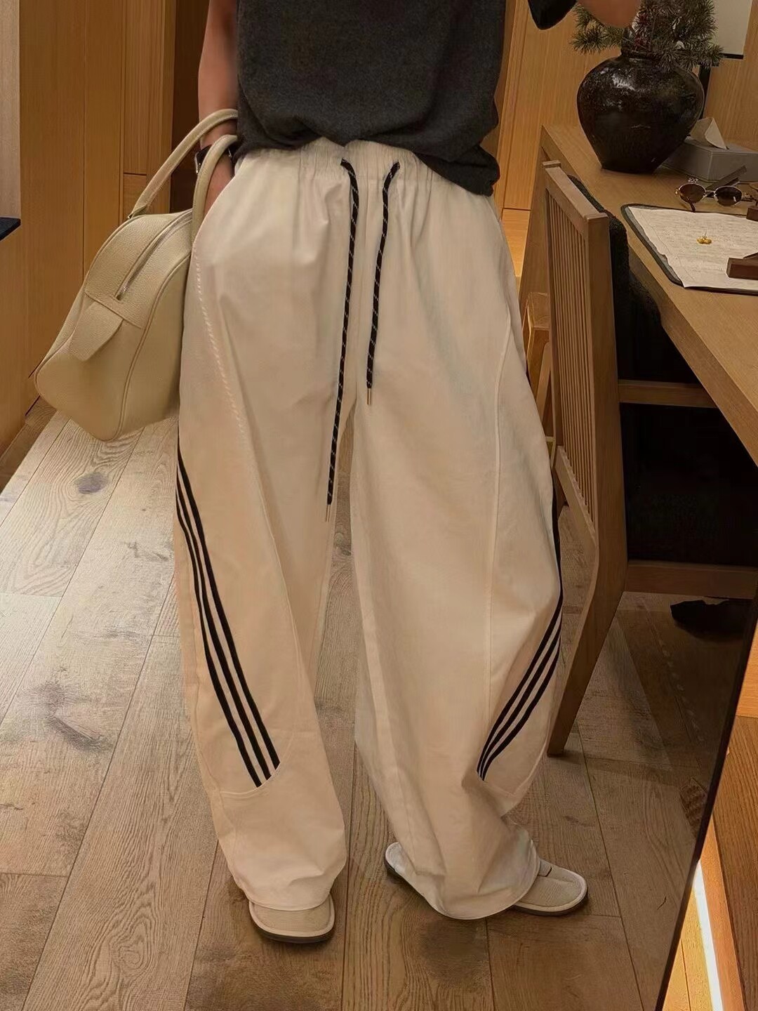 系带新款侧边条纹薄款长裤女春秋季松紧显瘦直筒运动休闲阔腿裤子