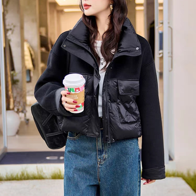 欧货休闲立领长袖双面羊绒拼接白鸭绒短款羽绒服女冬季小个子外套