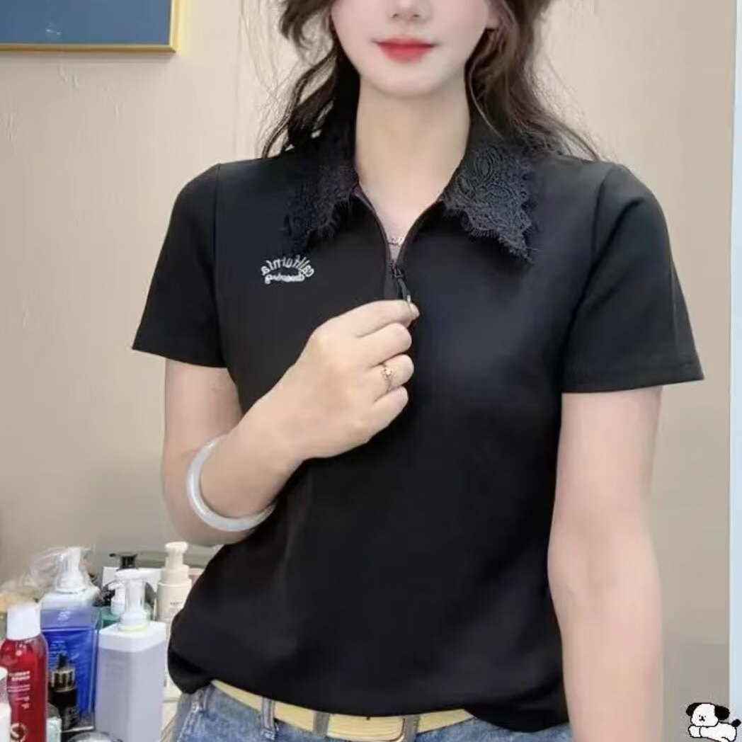 欧洲站春夏新款立领百搭时尚休闲拼蕾丝边翻领短款短袖T恤女