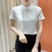 高级感网纱烫钻修身 欧货网红炸街半高领短袖 T恤女2025春夏款 上衣