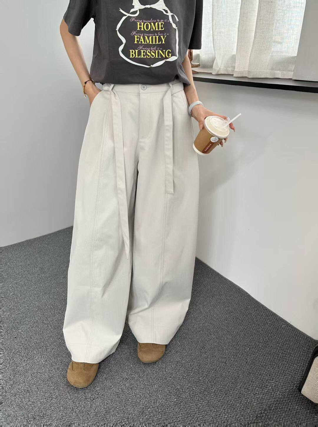 欧版高端2026春款新款高腰系带百搭休闲宽松阔腿弯刀裤女西装裤