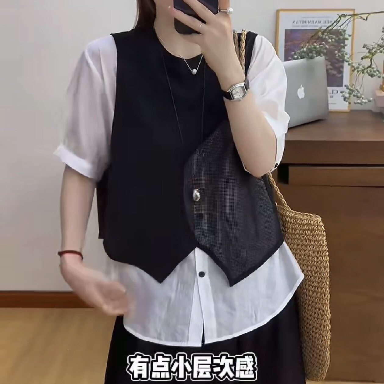 高端欧货夏季新款圆领假两件不规则透视网纱拼接短袖衬衫女上衣