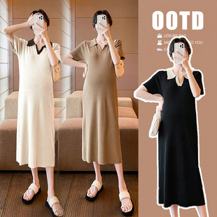 155矮小个子显高女夏装宽松遮肚显瘦法式复古潮妈针织孕妇连衣裙