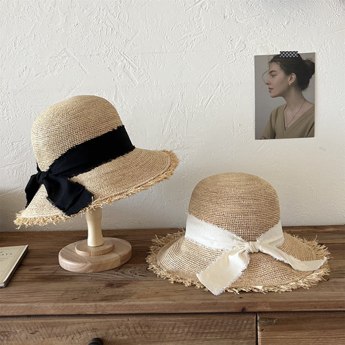 法式高级感毛边大沿拉菲草帽女夏季海边度假遮阳帽沙滩防晒渔夫帽