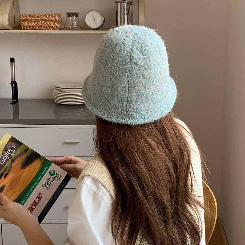 韩版ins混色毛呢水桶帽