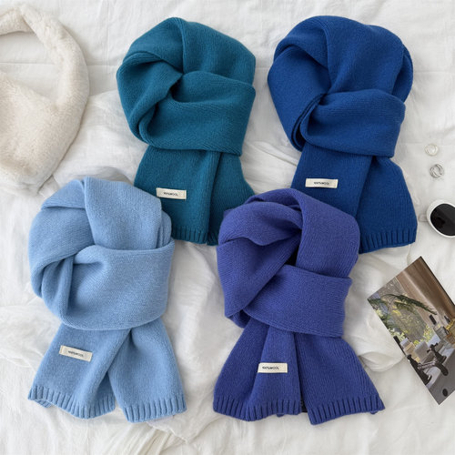 100%澳洲纯羊毛蓝色针织围巾女冬季2025新款保暖韩系披肩毛线围脖