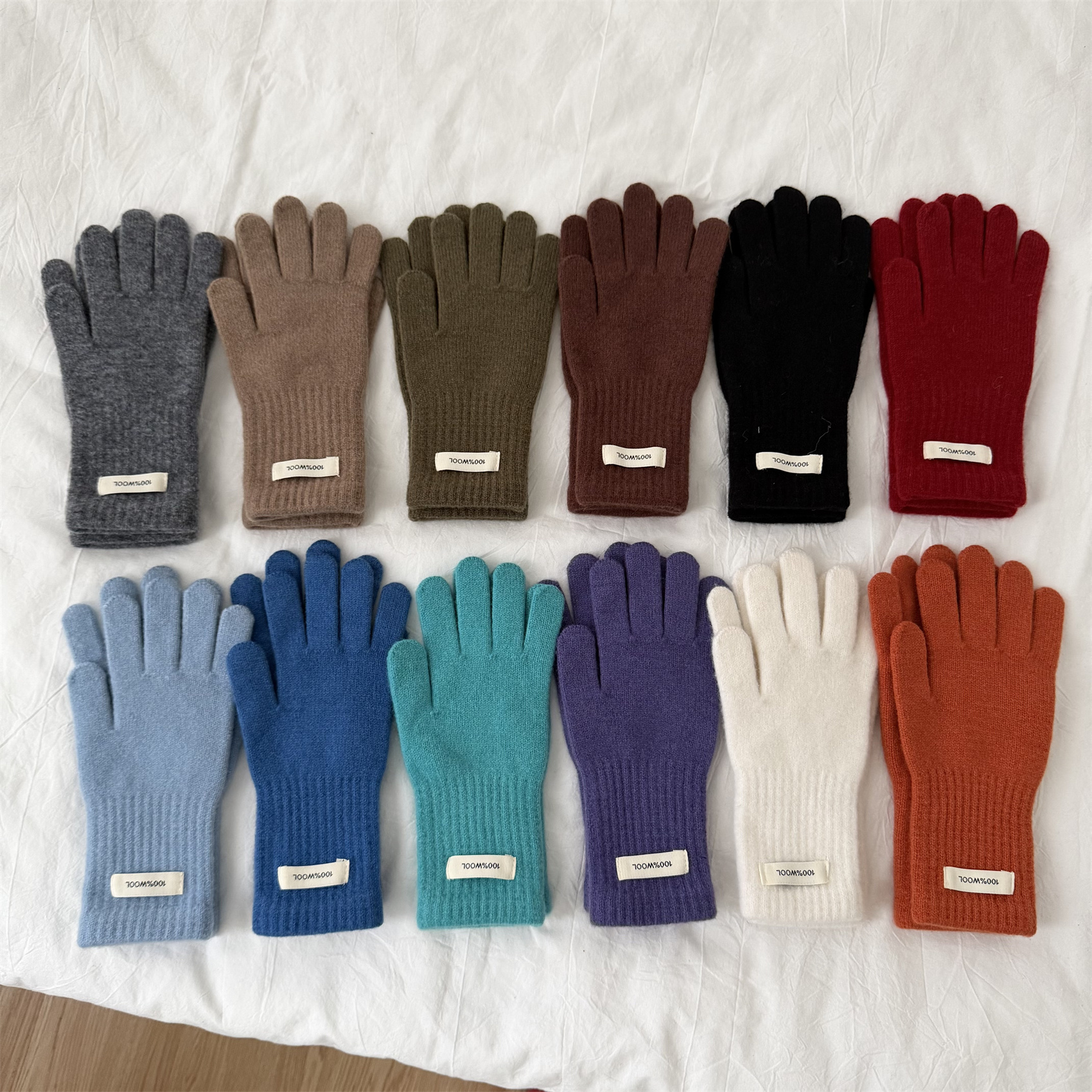 纯色100%WOOL羊毛针织手套女秋冬保暖防寒分指可触屏毛线五指手套
