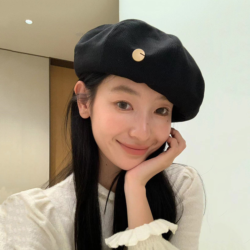 大头围黑色贝雷帽女春秋2025新款复古百搭韩系显脸小八角蓓蕾帽子